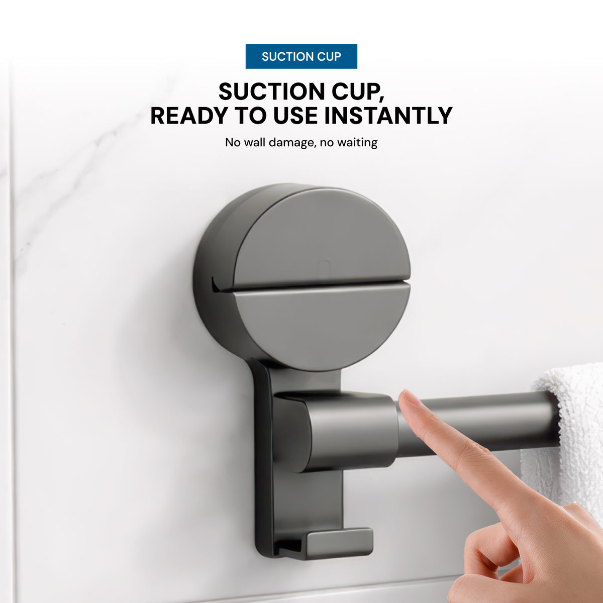 AINEXA Vacuum Suction Aluminium Towel Holder with Hooks – Matte Grey