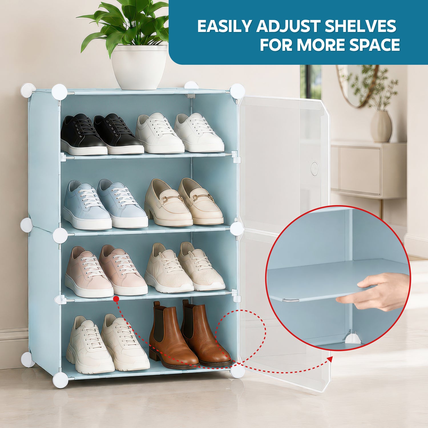 AINEXA 4-Layer Foldable Plastic Shoe Rack with Door Cover – Blue