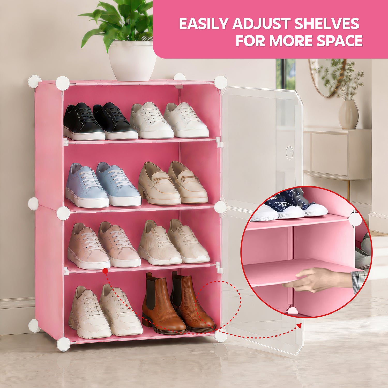AINEXA 4-Layer Foldable Plastic Shoe Rack with Door Cover – Pink