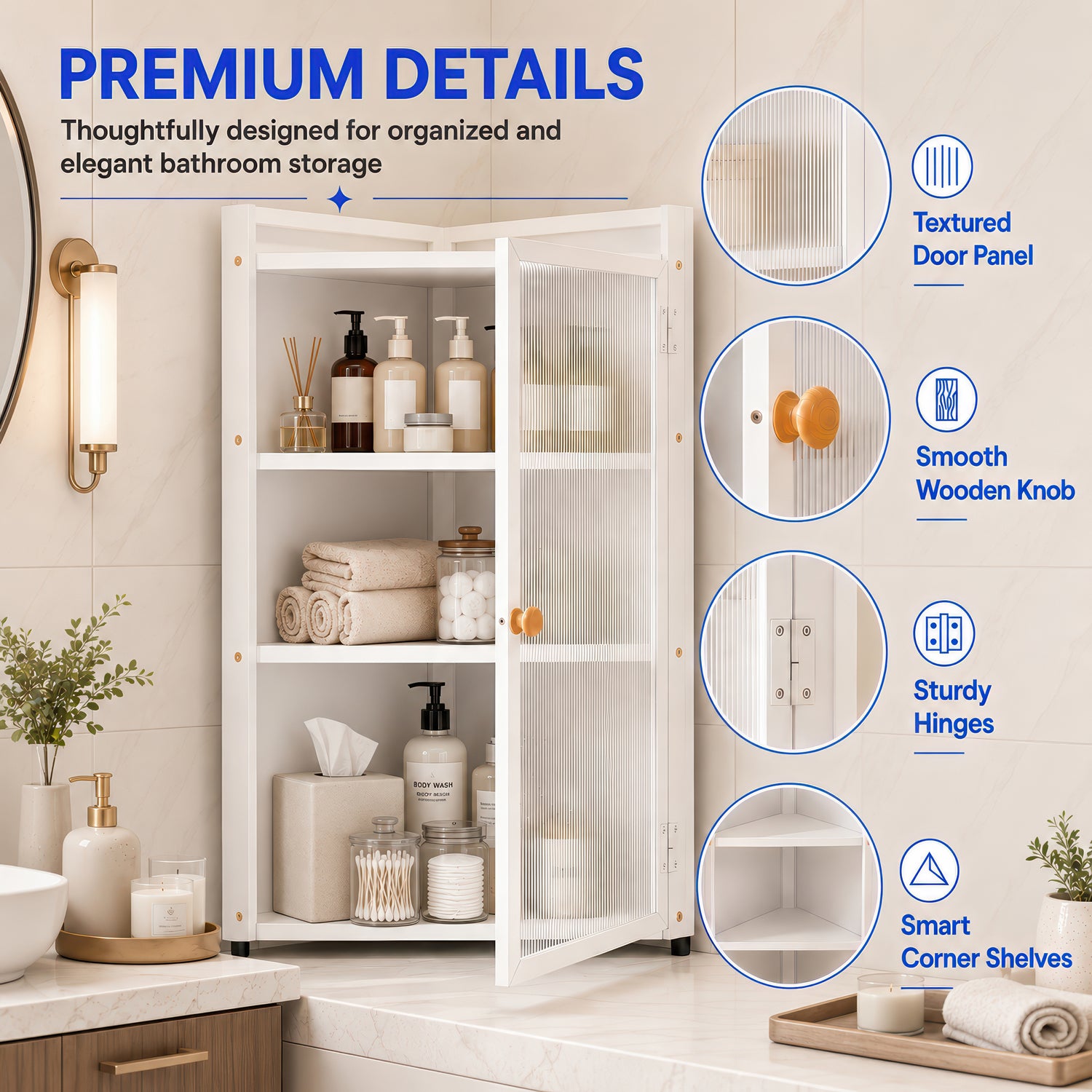AINEXA 40 cm 3-Layer Bathroom Corner Cabinet with Door – White