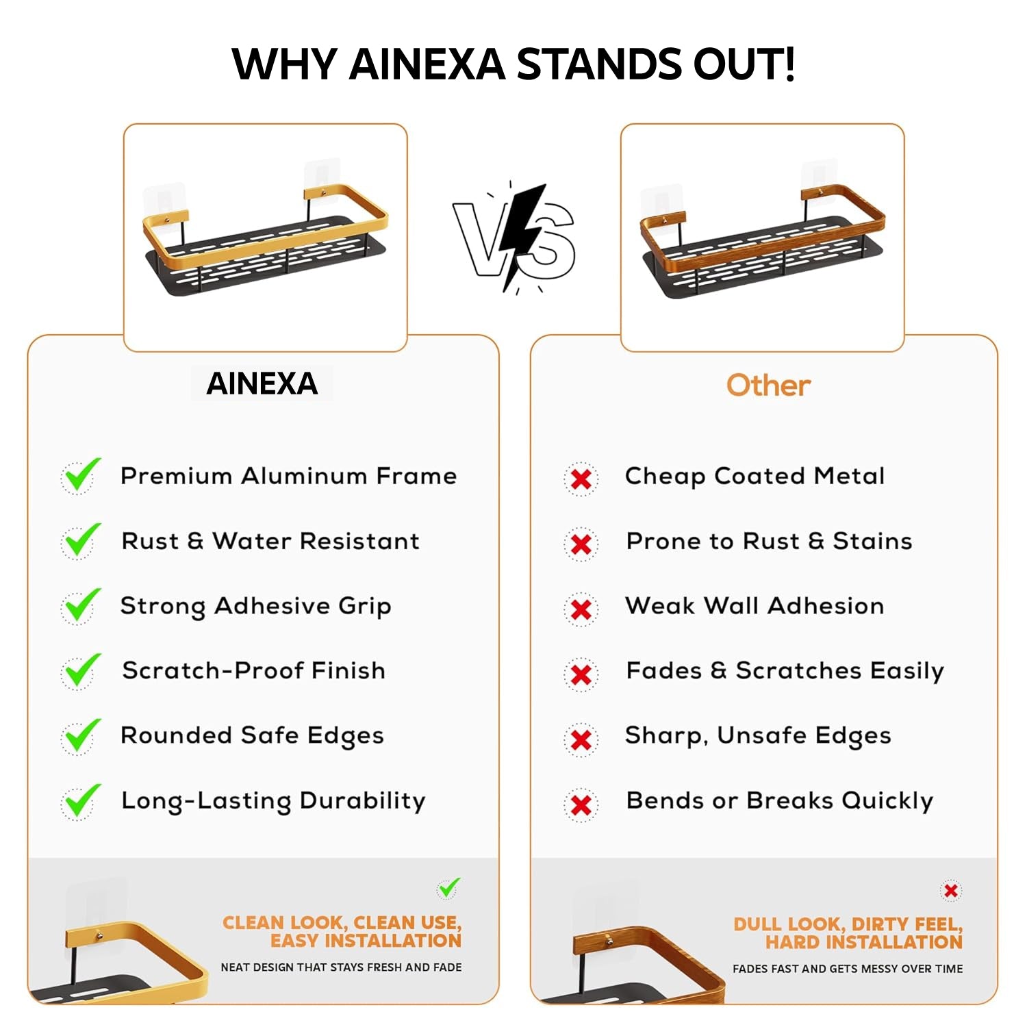 AINEXA 2-Piece Self-Adhesive Aluminium Bathroom Shelves – Gold