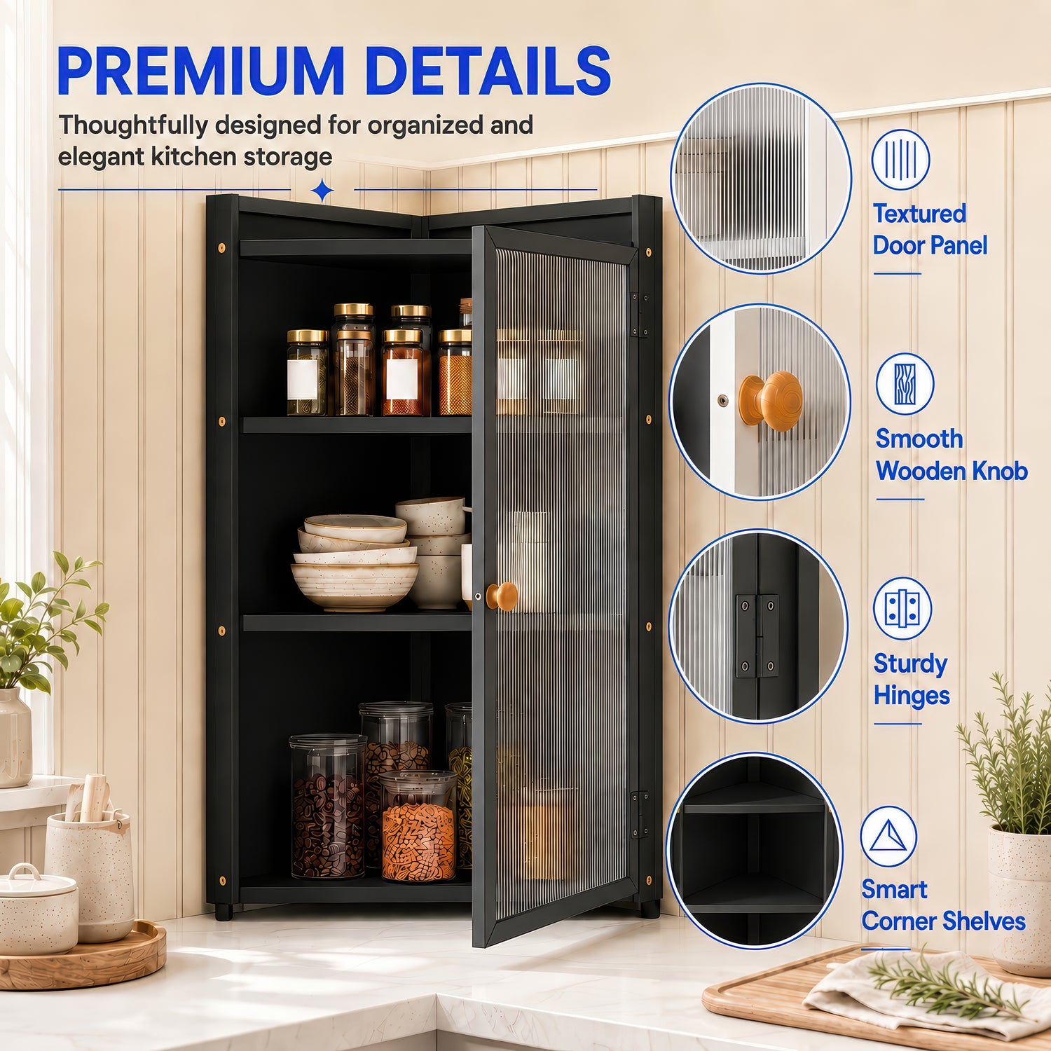 AINEXA 40 cm 3-Layer Corner Kitchen Storage Cabinet with Door – Black