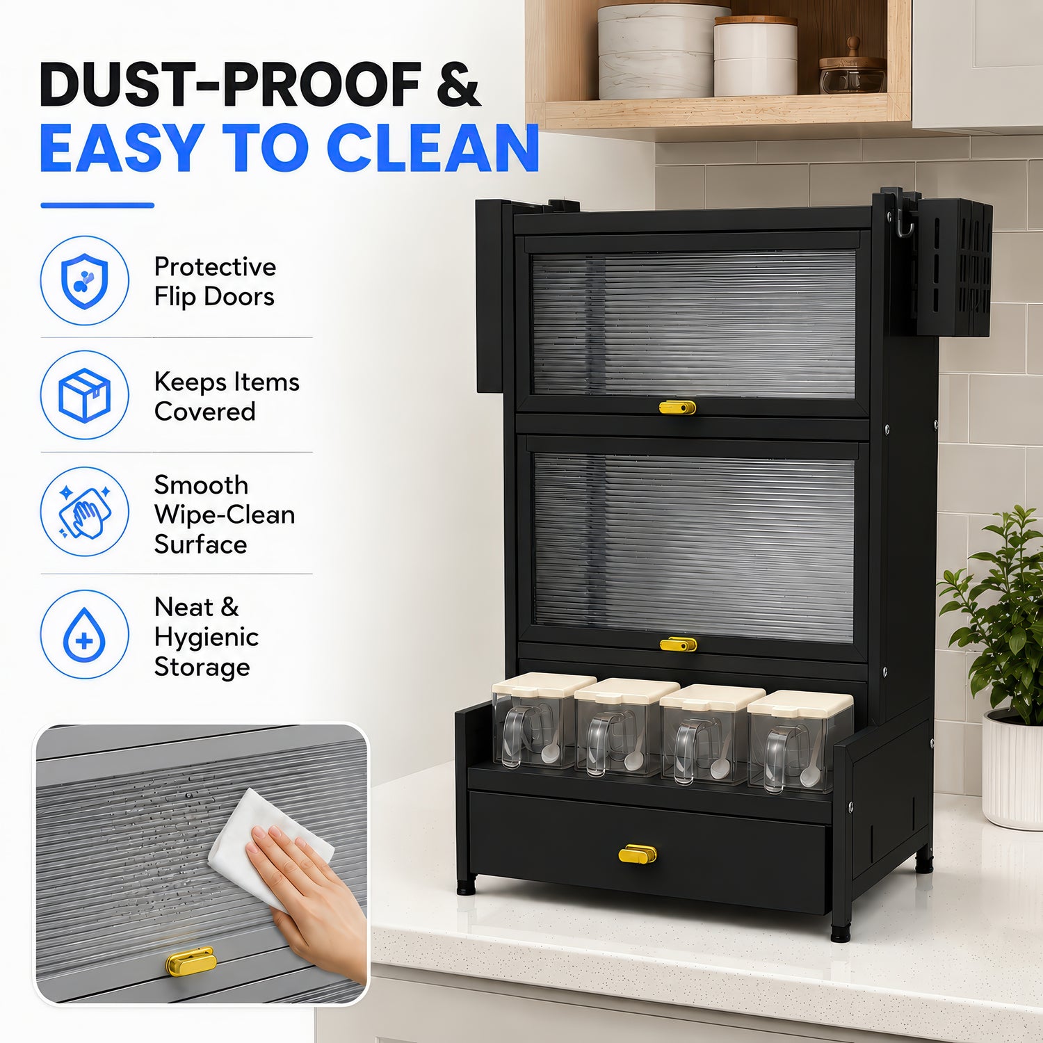 AINEXA 2-Layer Kitchen Storage Cabinet with Drawer & 4 Storage Boxes – Black