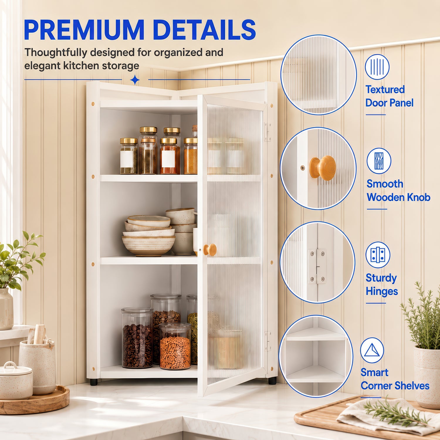 AINEXA 40 cm 3-Layer Corner Kitchen Storage Cabinet with Door – White