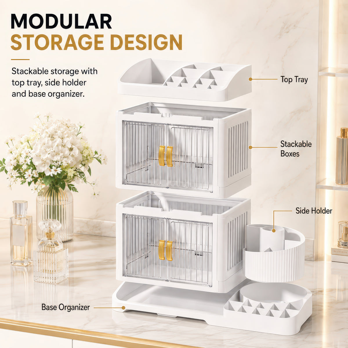 AINEXA 3-Layer 360° Rotating Makeup Organiser with Brush Holder – White