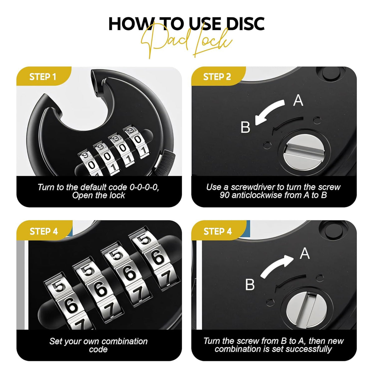 AINEXA Heavy-Duty 4-Digit Combination Disc Padlock – Black