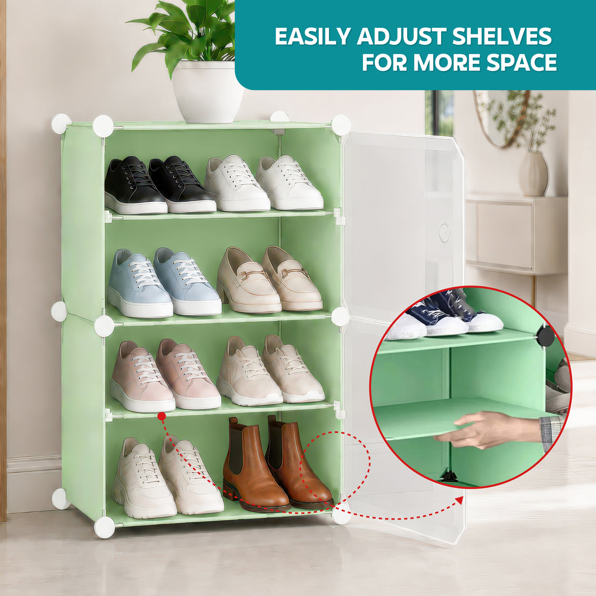 AINEXA 4-Layer Foldable Plastic Shoe Rack with Door Cover – Green