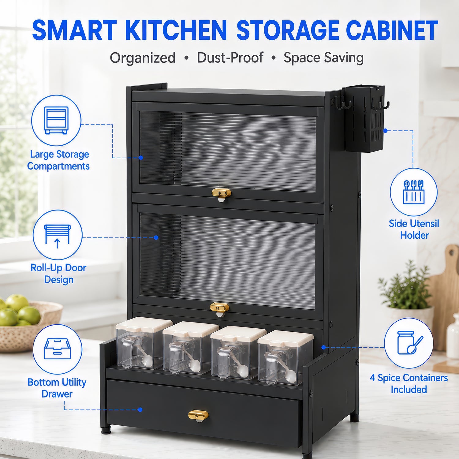 AINEXA 2-Layer Kitchen Storage Cabinet with Drawer & 4 Storage Boxes – Black
