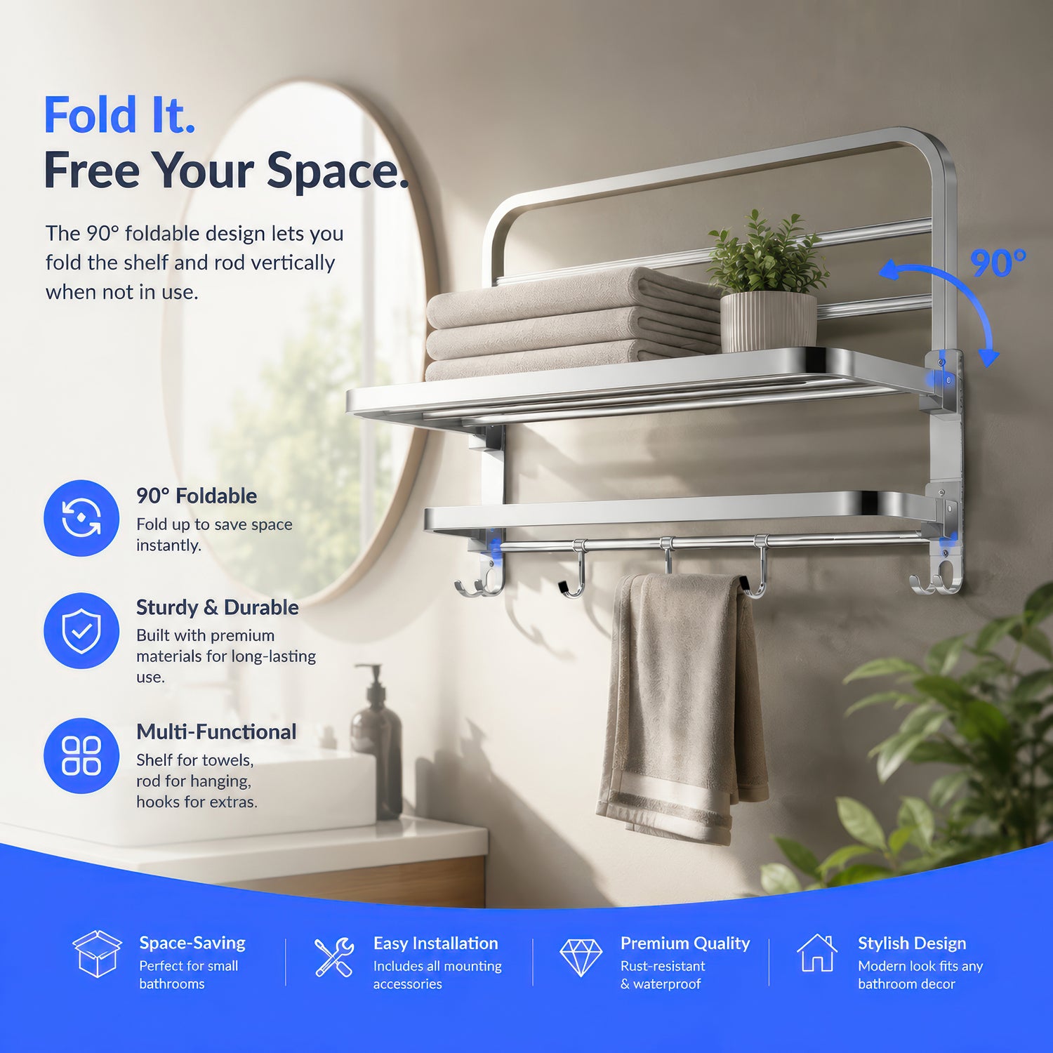AINEXA 24-Inch 1.5 kg Folding Stainless Steel Towel Rack with Hooks – Chrome