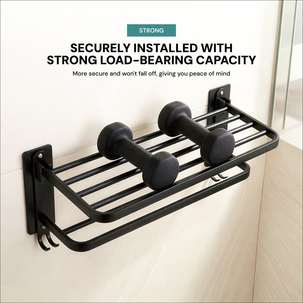 AINEXA 24-Inch Aluminium Towel Rack with Hooks – Matte Black