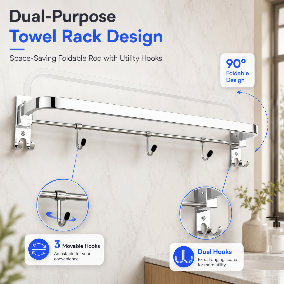 AINEXA 24-Inch Foldable Stainless Steel Towel Rack with Hooks – Chrome