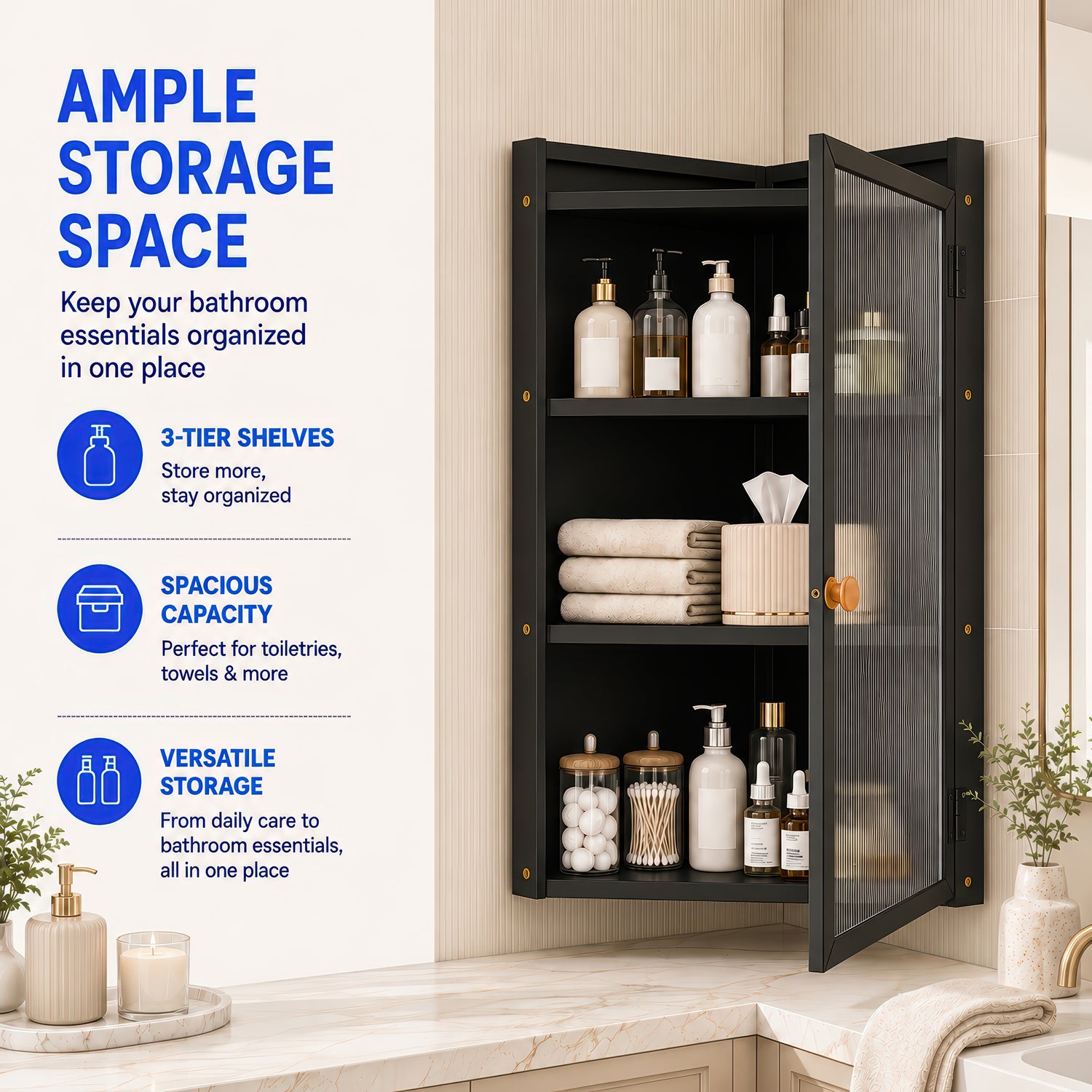 AINEXA 40 cm 3-Layer Bathroom Corner Cabinet with Door – Black