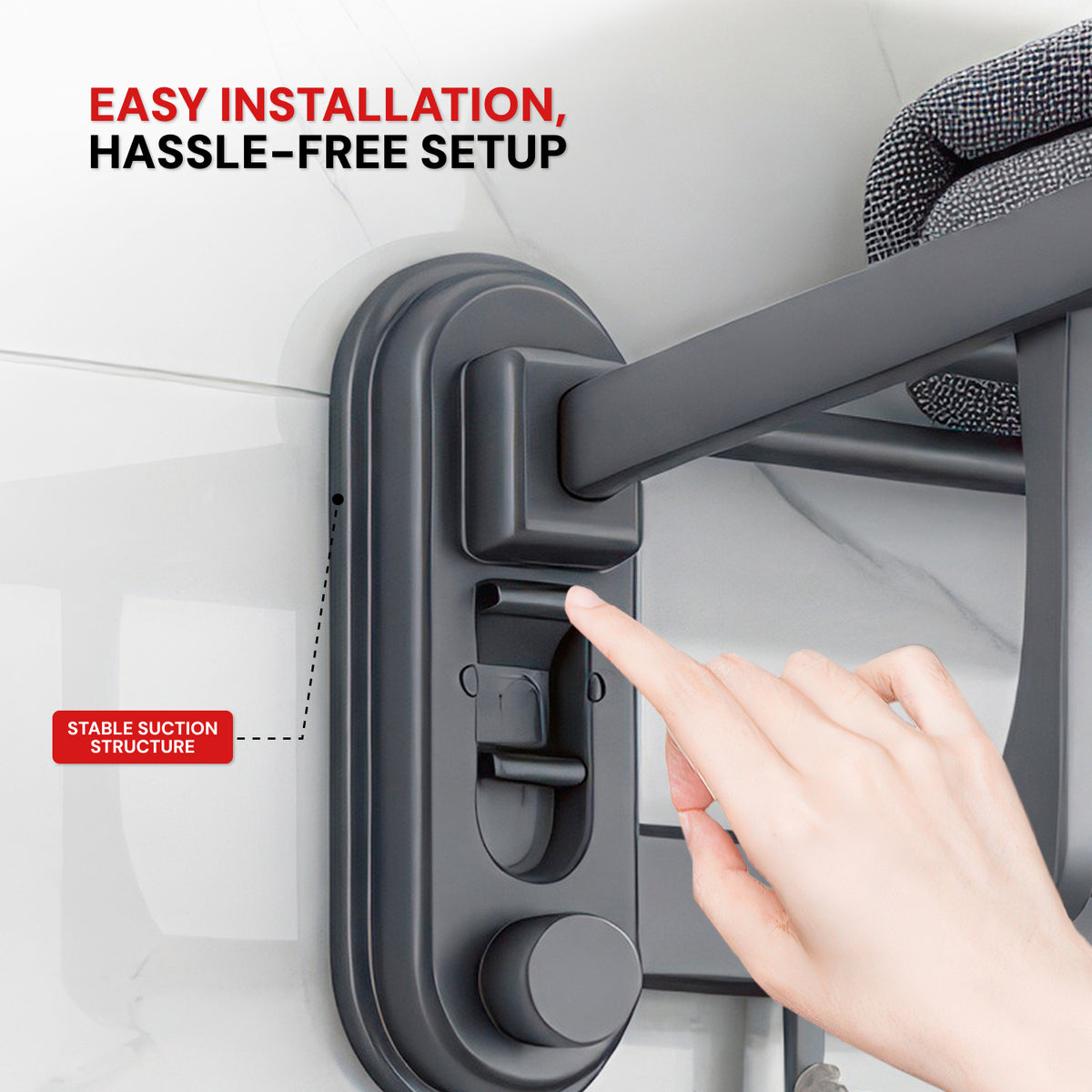AINEXA Vacuum Suction Aluminium Towel Rack with Shelf & Hooks – Matte Grey