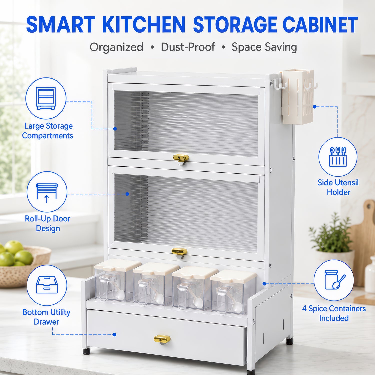 AINEXA 2-Layer Kitchen Storage Cabinet with Drawer & 4 Storage Boxes – White