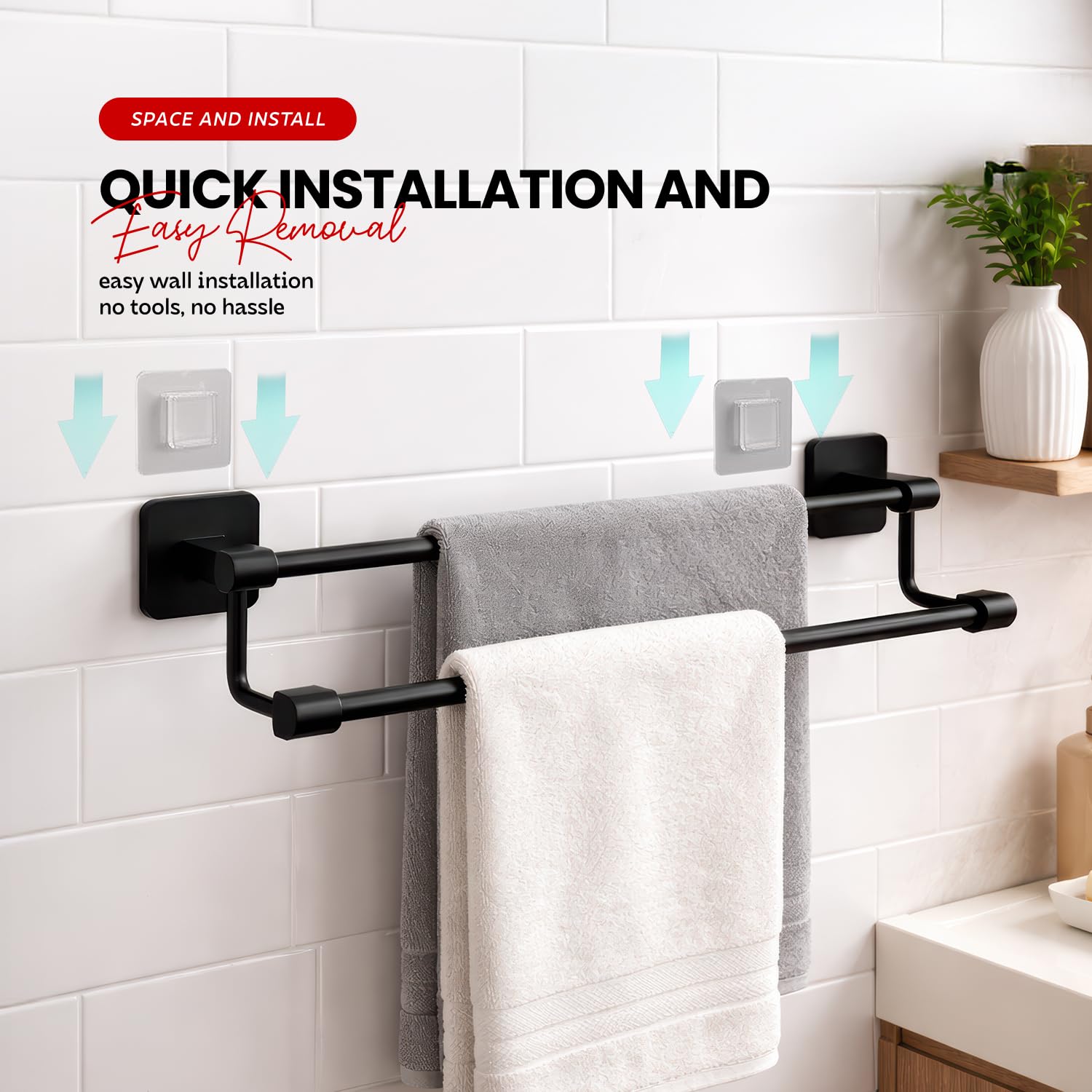 AINEXA 24-Inch Self-Adhesive Aluminium Towel Holder – Matte Black