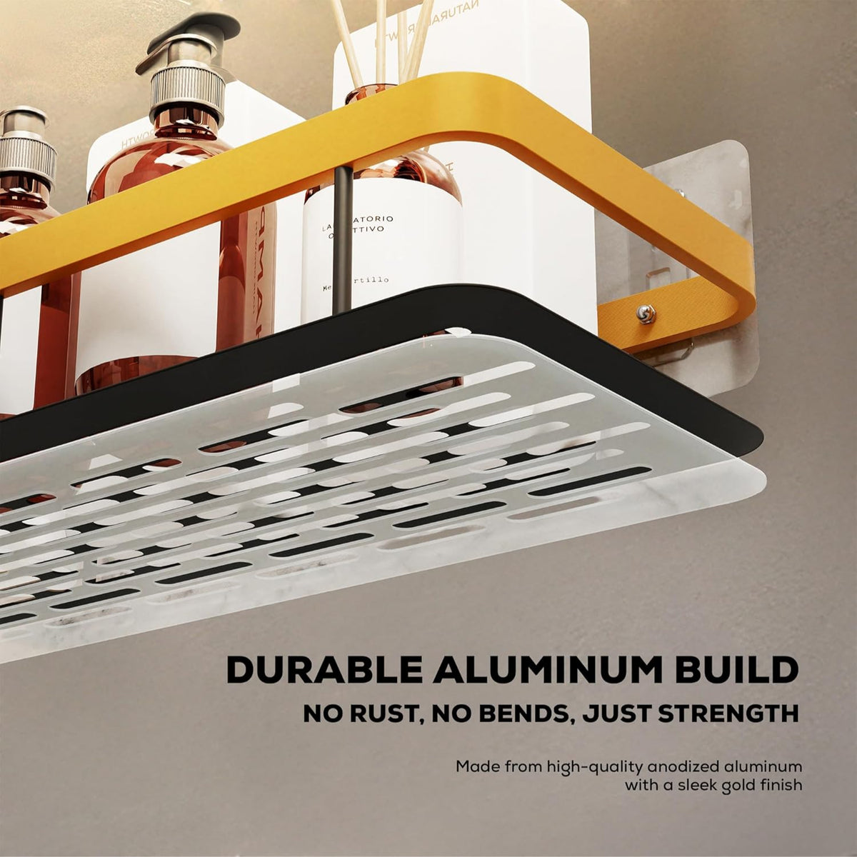 AINEXA 2-Piece Self-Adhesive Aluminium Bathroom Shelves – Gold