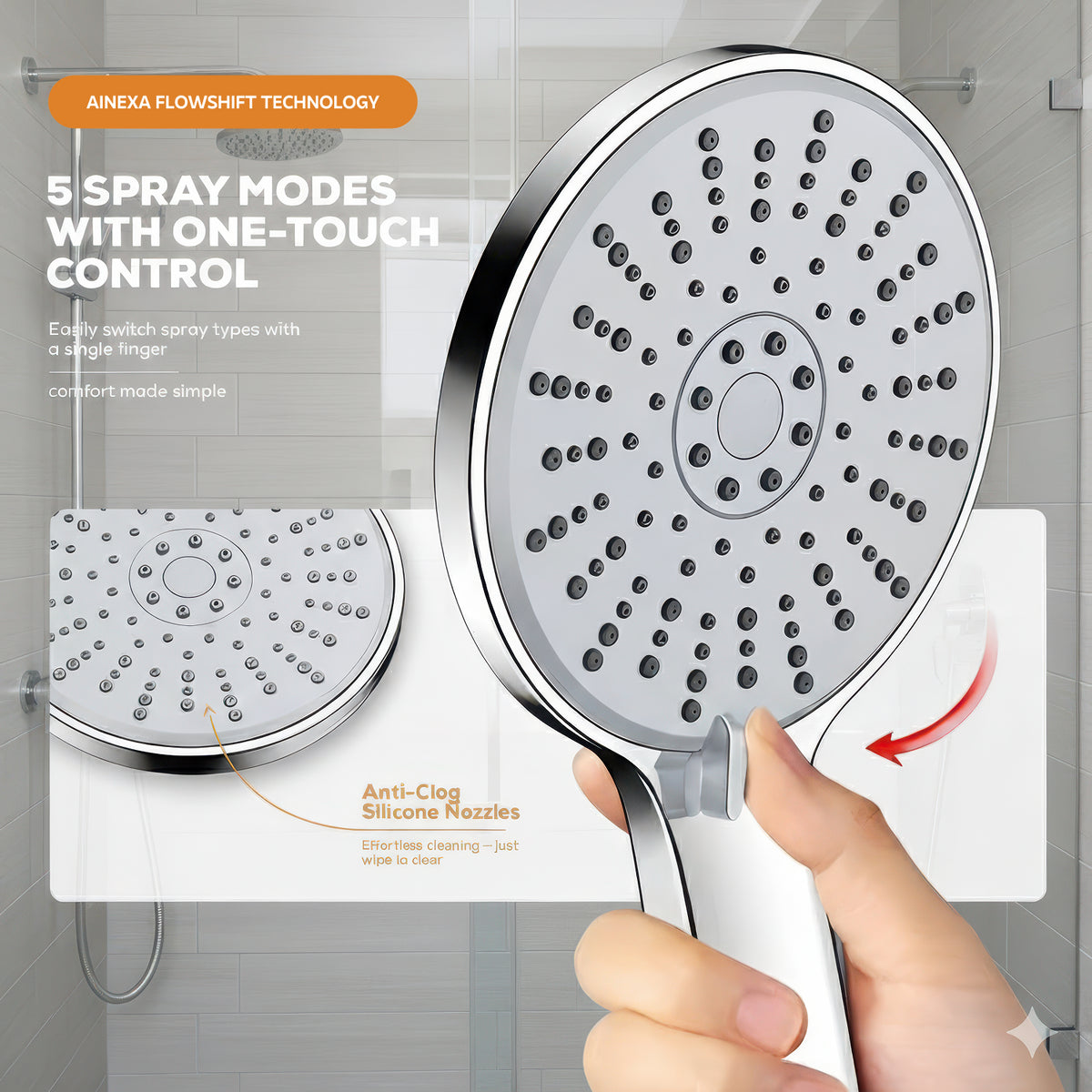 AINEXA 5-Function High-Pressure Hand Shower Set with 1 m Hose – Silver