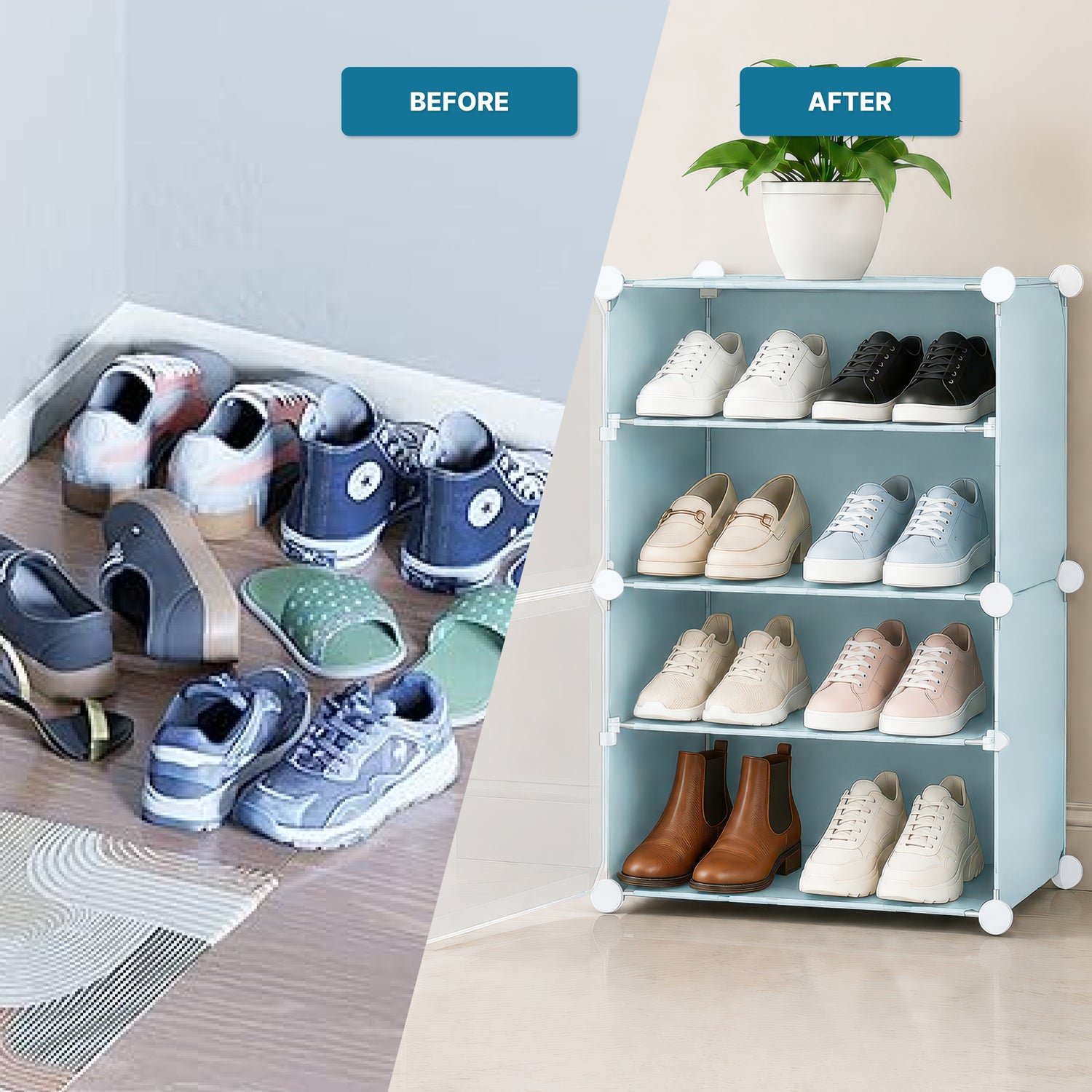 AINEXA 4-Layer Foldable Plastic Shoe Rack with Door Cover – Blue