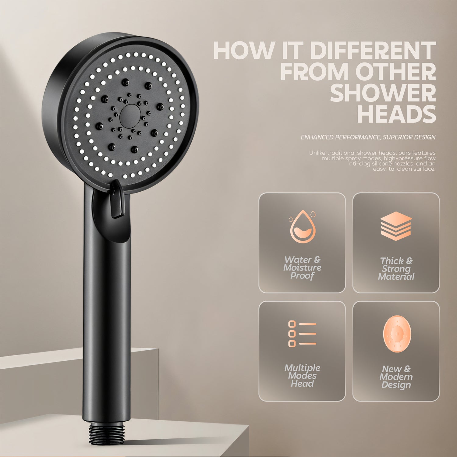 AINEXA 5-Mode High-Pressure Handheld Shower Head – Black