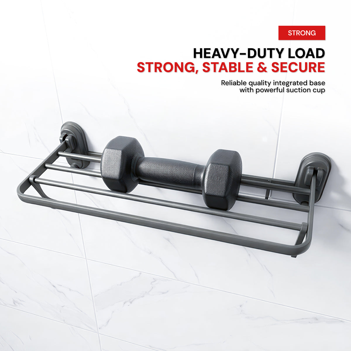 AINEXA Vacuum Suction Aluminium Towel Rack with Shelf & Hooks – Matte Grey
