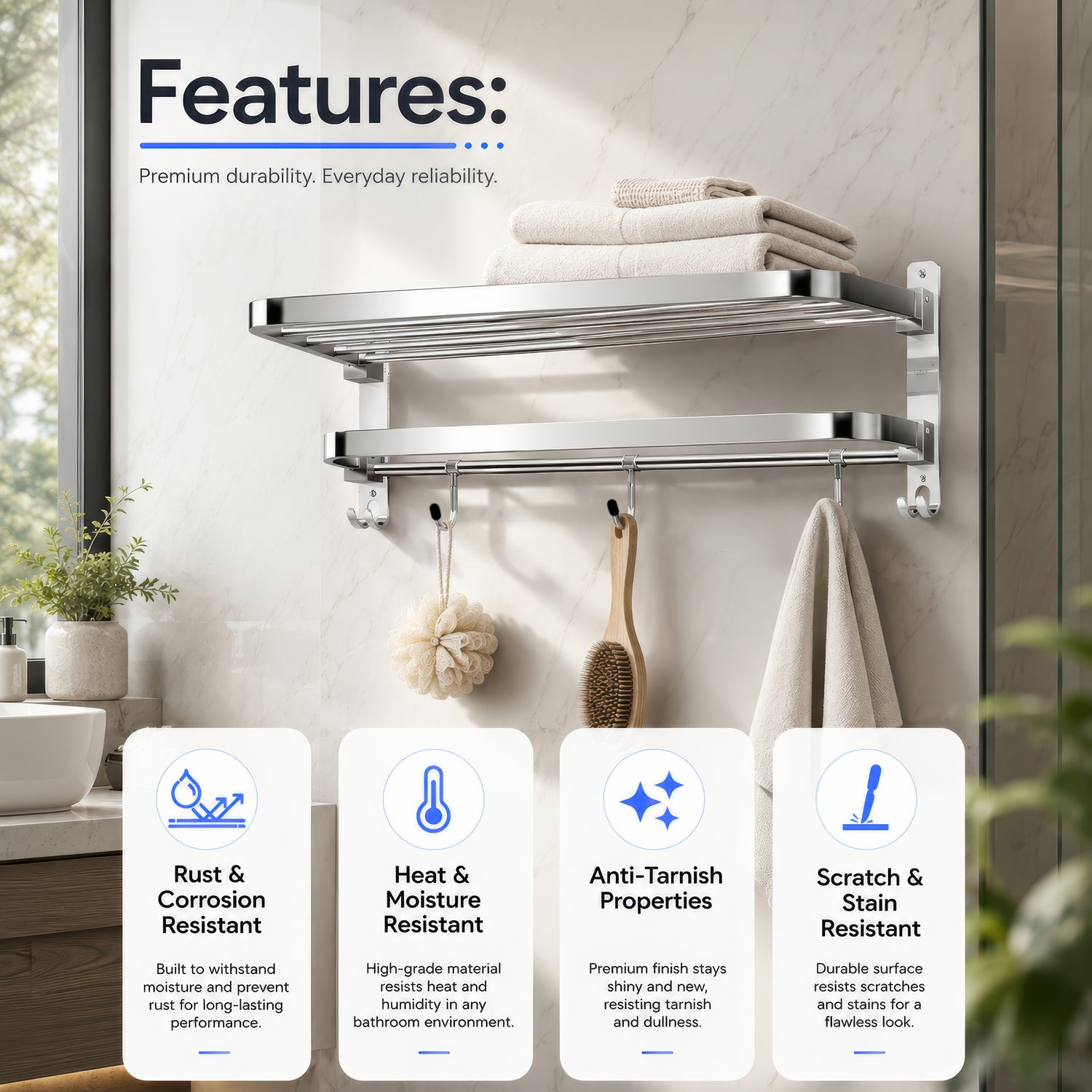 AINEXA 24-Inch 1.5 kg Folding Stainless Steel Towel Rack with Hooks – Chrome