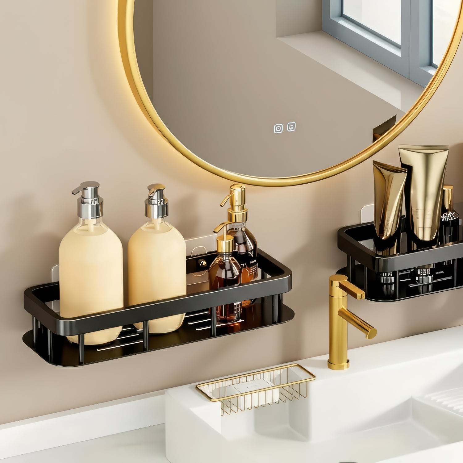 AINEXA 2-Piece Self-Adhesive Aluminium Bathroom Shelves – Matte Black