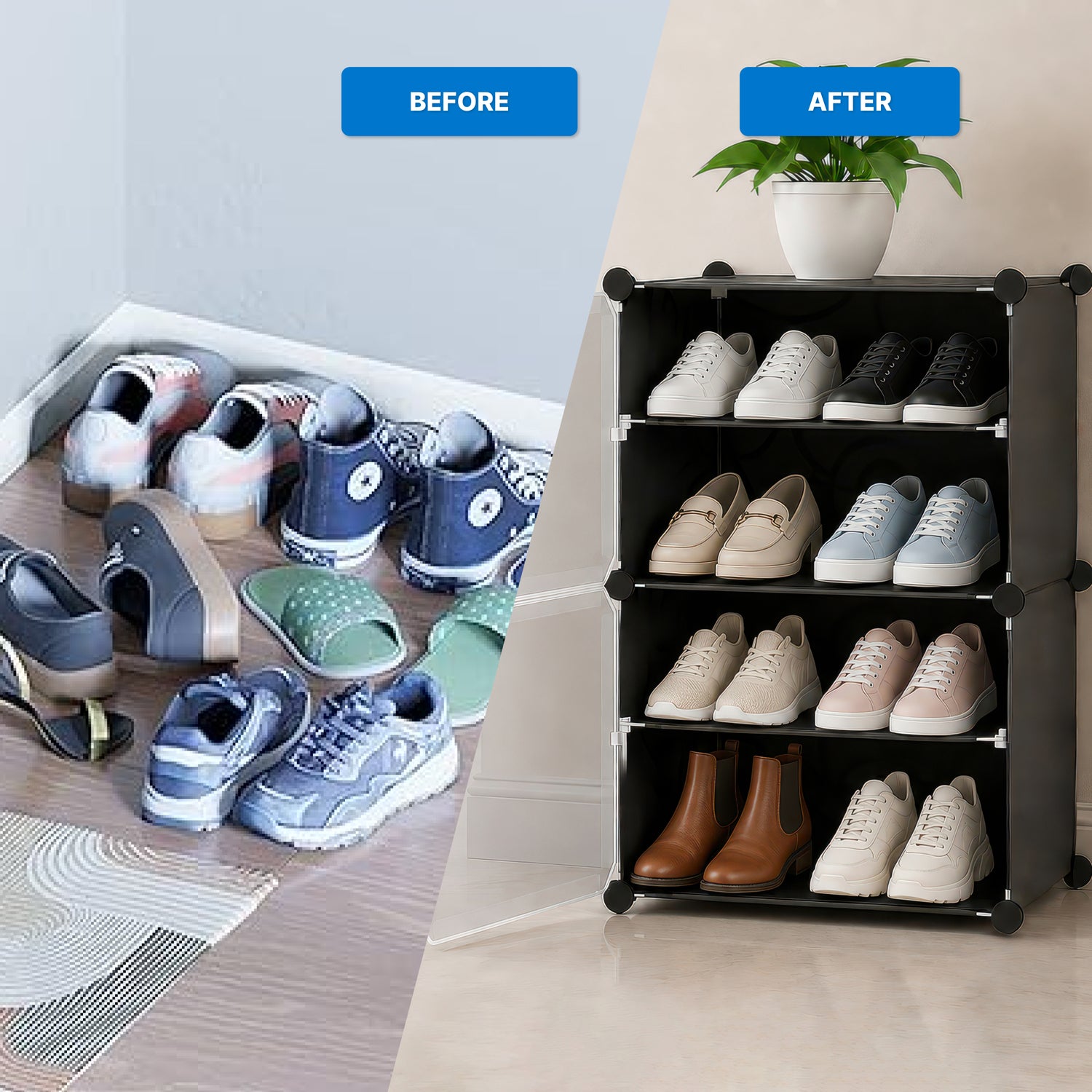 AINEXA 4-Layer Foldable Plastic Shoe Rack with Door Cover – Black