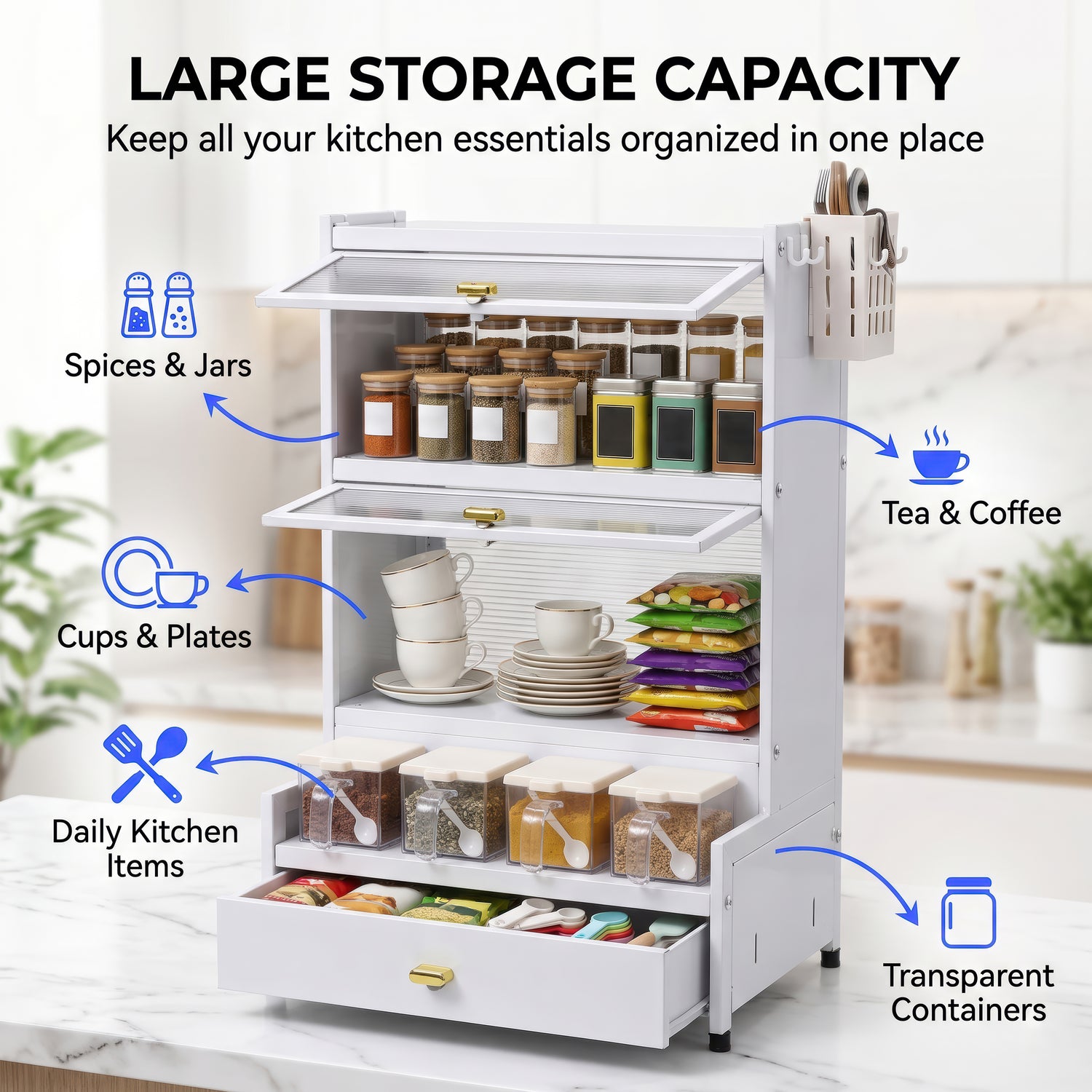 AINEXA 2-Layer Kitchen Storage Cabinet with Drawer & 4 Storage Boxes – White
