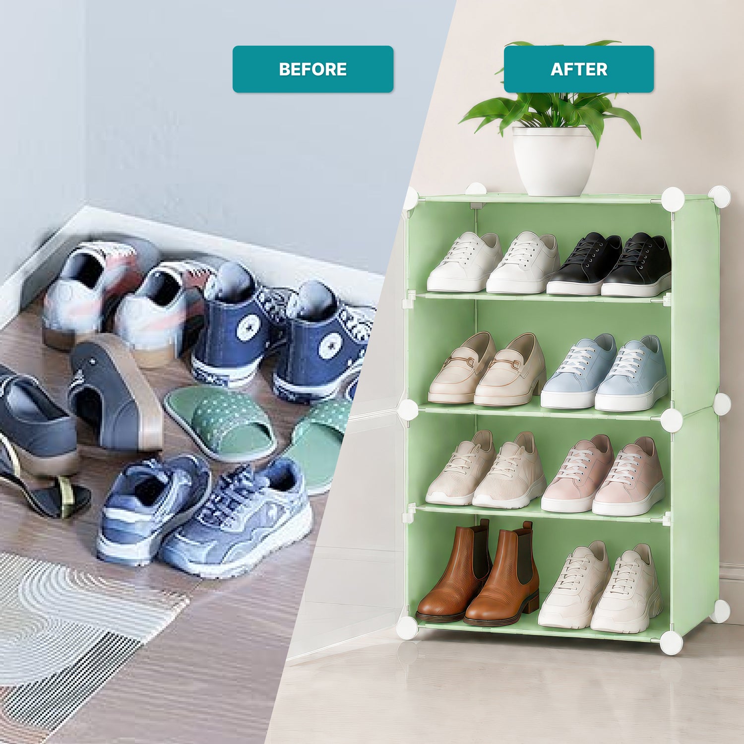 AINEXA 4-Layer Foldable Plastic Shoe Rack with Door Cover – Green