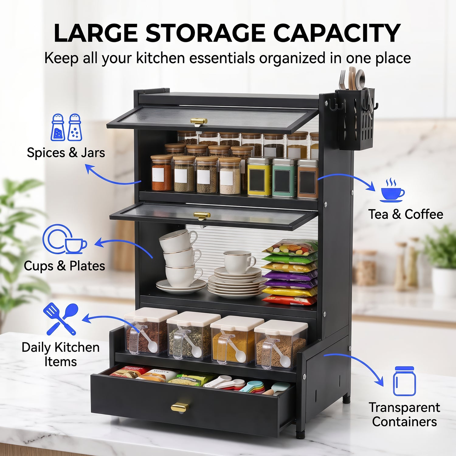 AINEXA 2-Layer Kitchen Storage Cabinet with Drawer & 4 Storage Boxes – Black