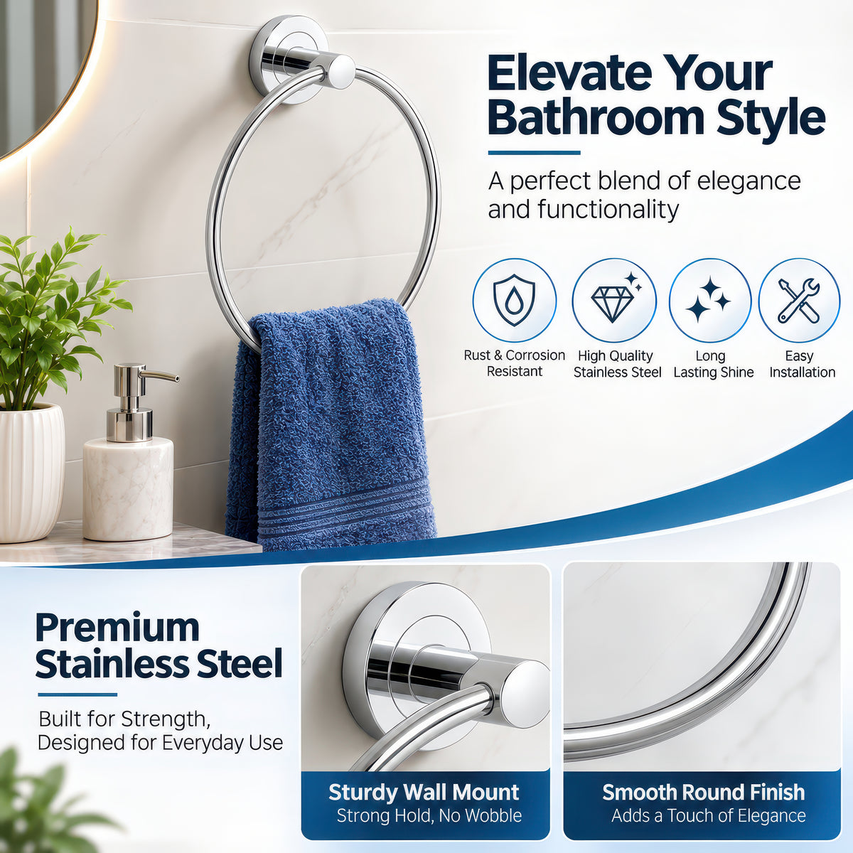 AINEXA Stainless Steel Wall-Mounted Towel Ring – Silver