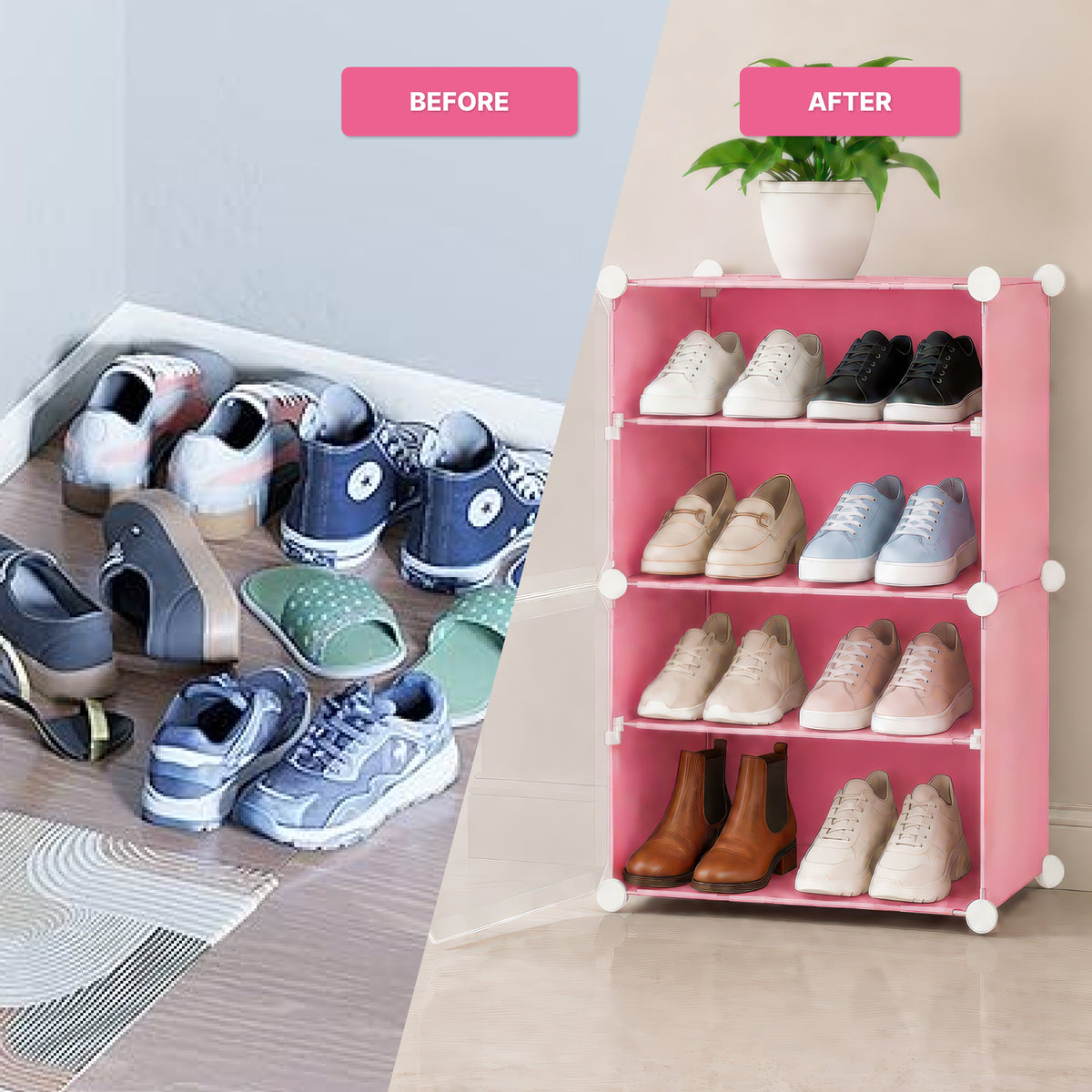 AINEXA 4-Layer Foldable Plastic Shoe Rack with Door Cover – Pink
