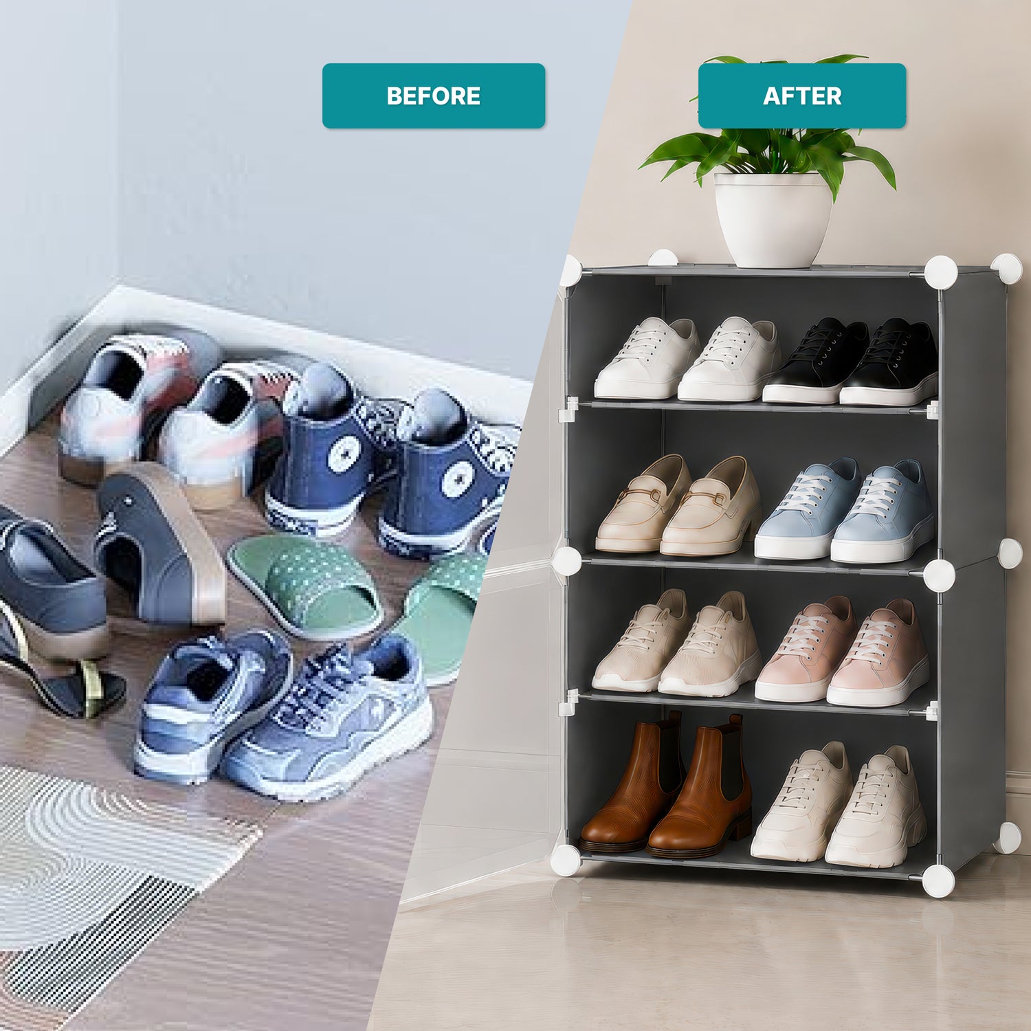 AINEXA 4-Layer Foldable Plastic Shoe Rack with Door Cover – Grey