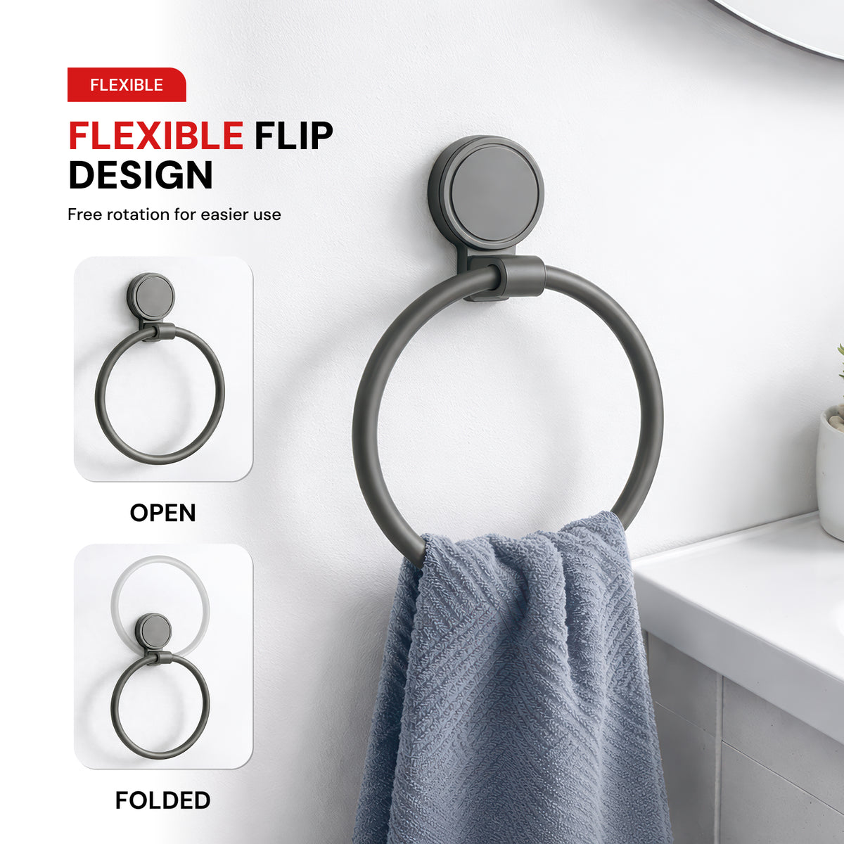 AINEXA Vacuum Suction Aluminium Towel Ring – Matte Grey