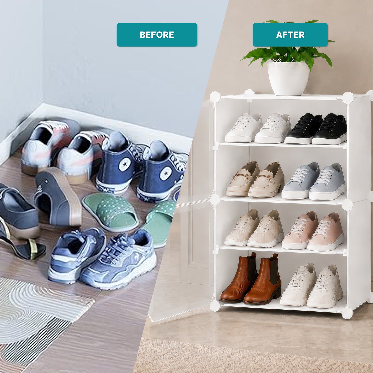 AINEXA 4-Layer Foldable Plastic Shoe Rack with Door Cover – White
