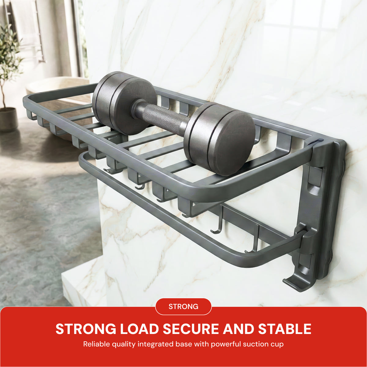 AINEXA Vacuum Suction Aluminium Towel Rack with Hooks – Matte Grey