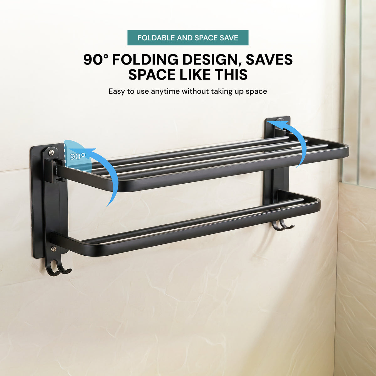 AINEXA 24-Inch Aluminium Towel Rack with Hooks – Matte Black