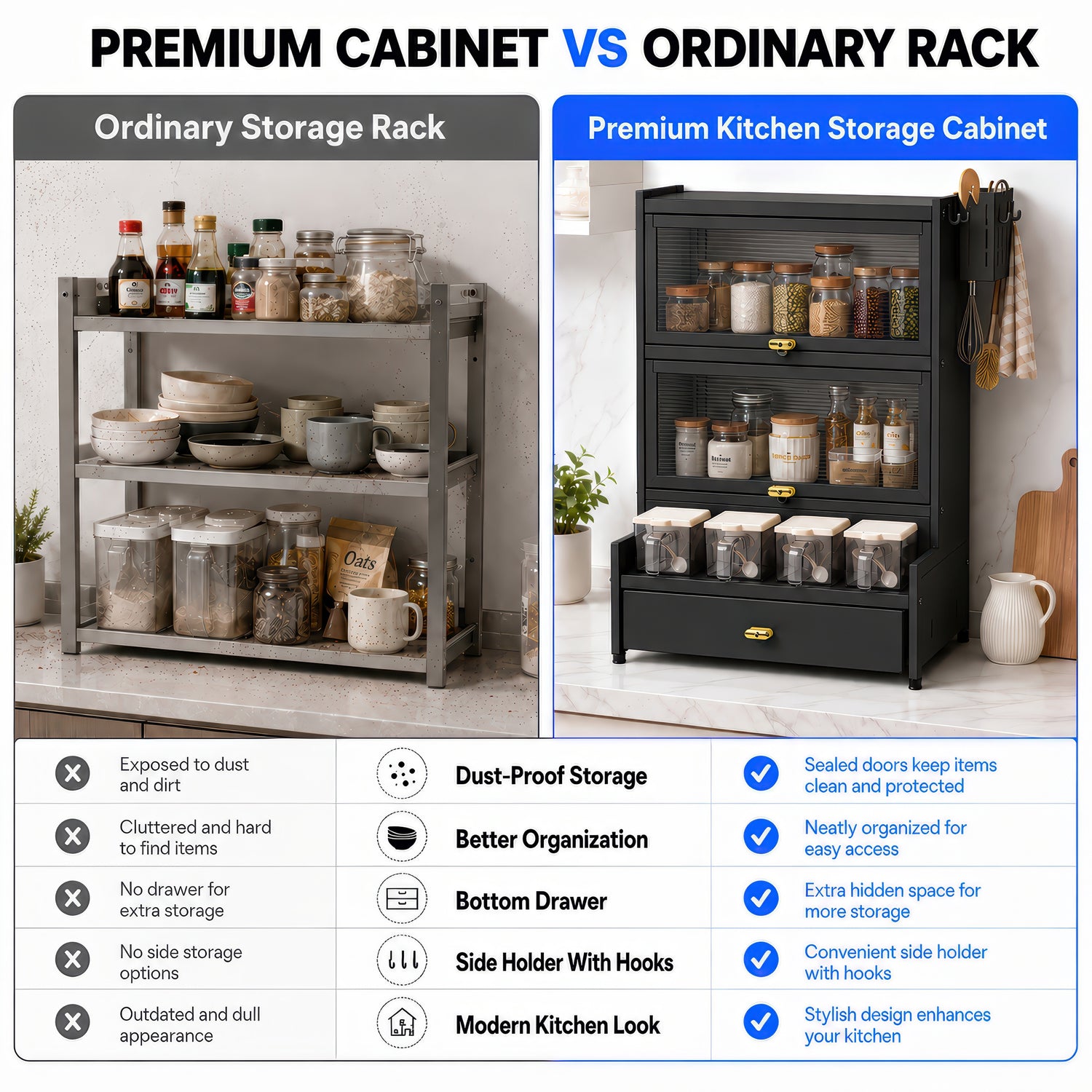 AINEXA 2-Layer Kitchen Storage Cabinet with Drawer & 4 Storage Boxes – Black