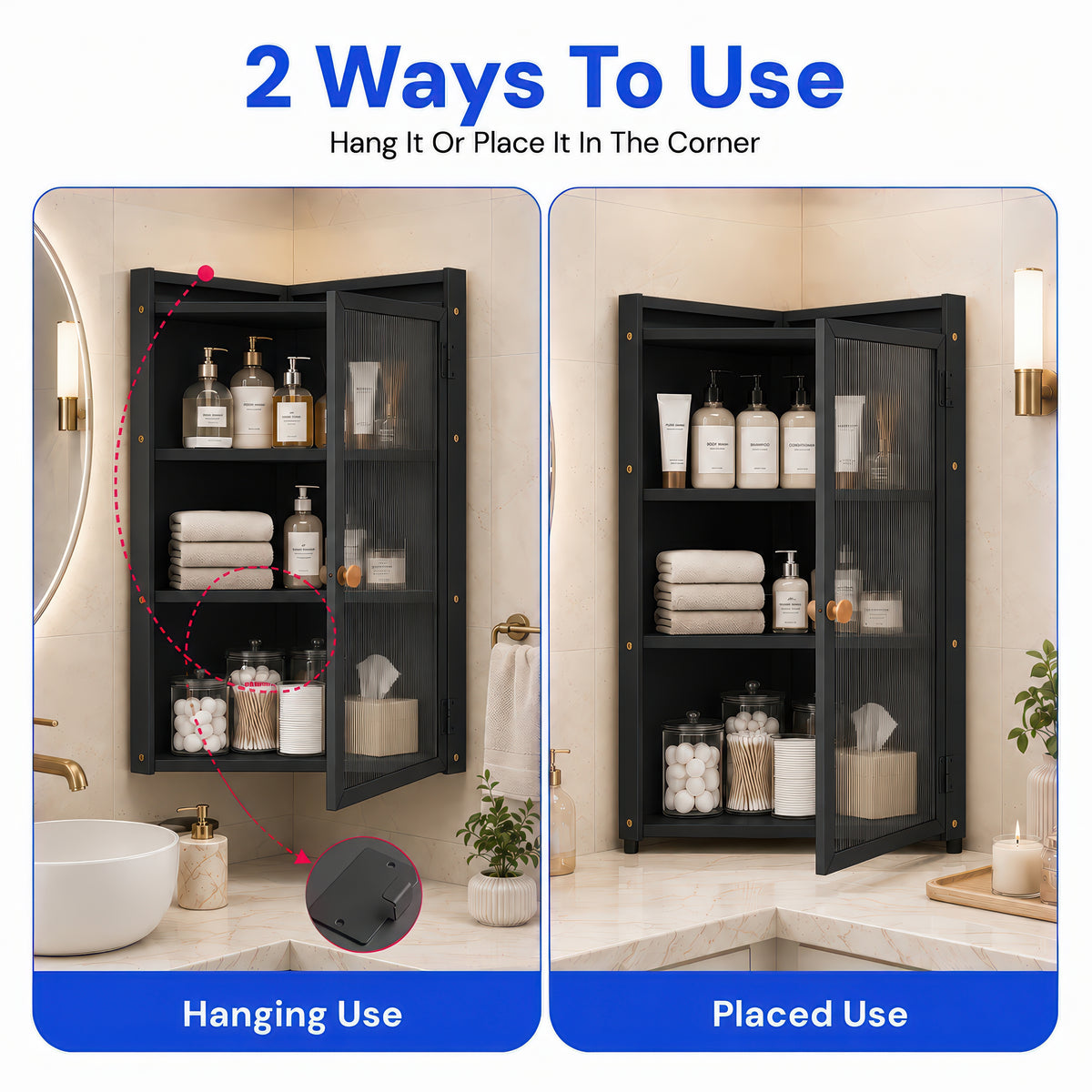 AINEXA 40 cm 3-Layer Bathroom Corner Cabinet with Door – Black