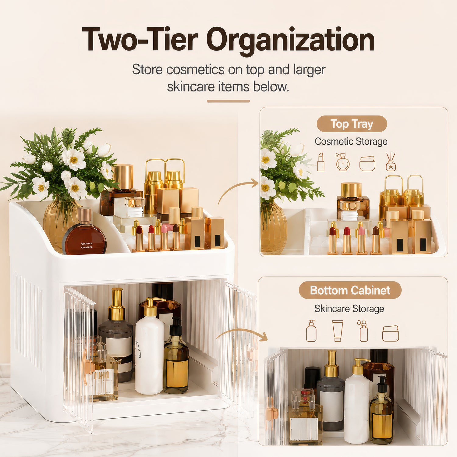 AINEXA 2-Layer Cosmetic & Makeup Organiser with Drawers – White