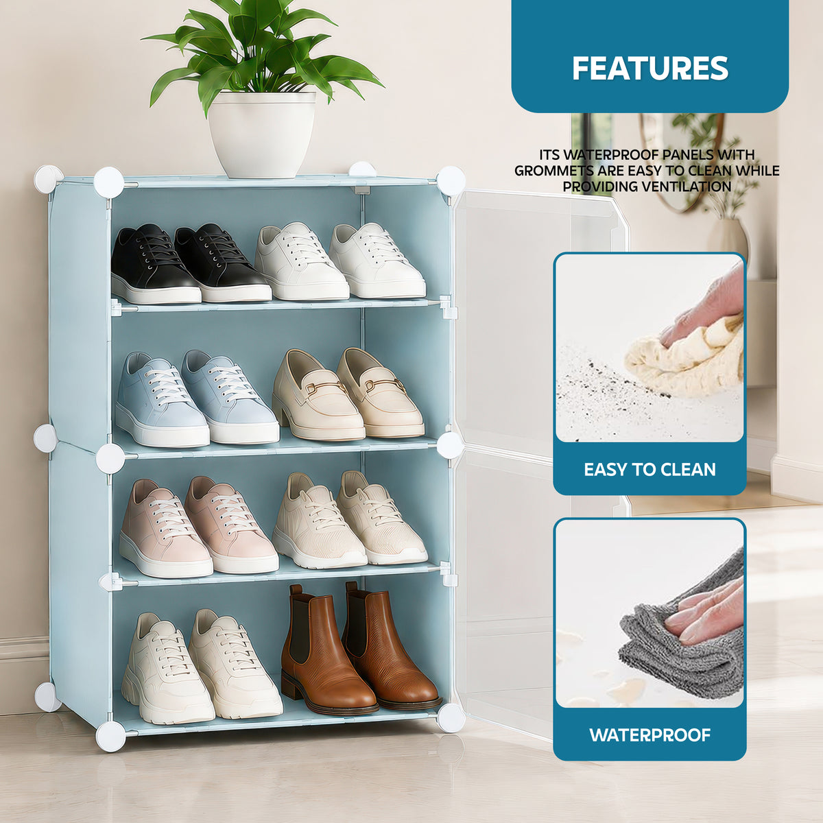 AINEXA 4-Layer Foldable Plastic Shoe Rack with Door Cover – Blue