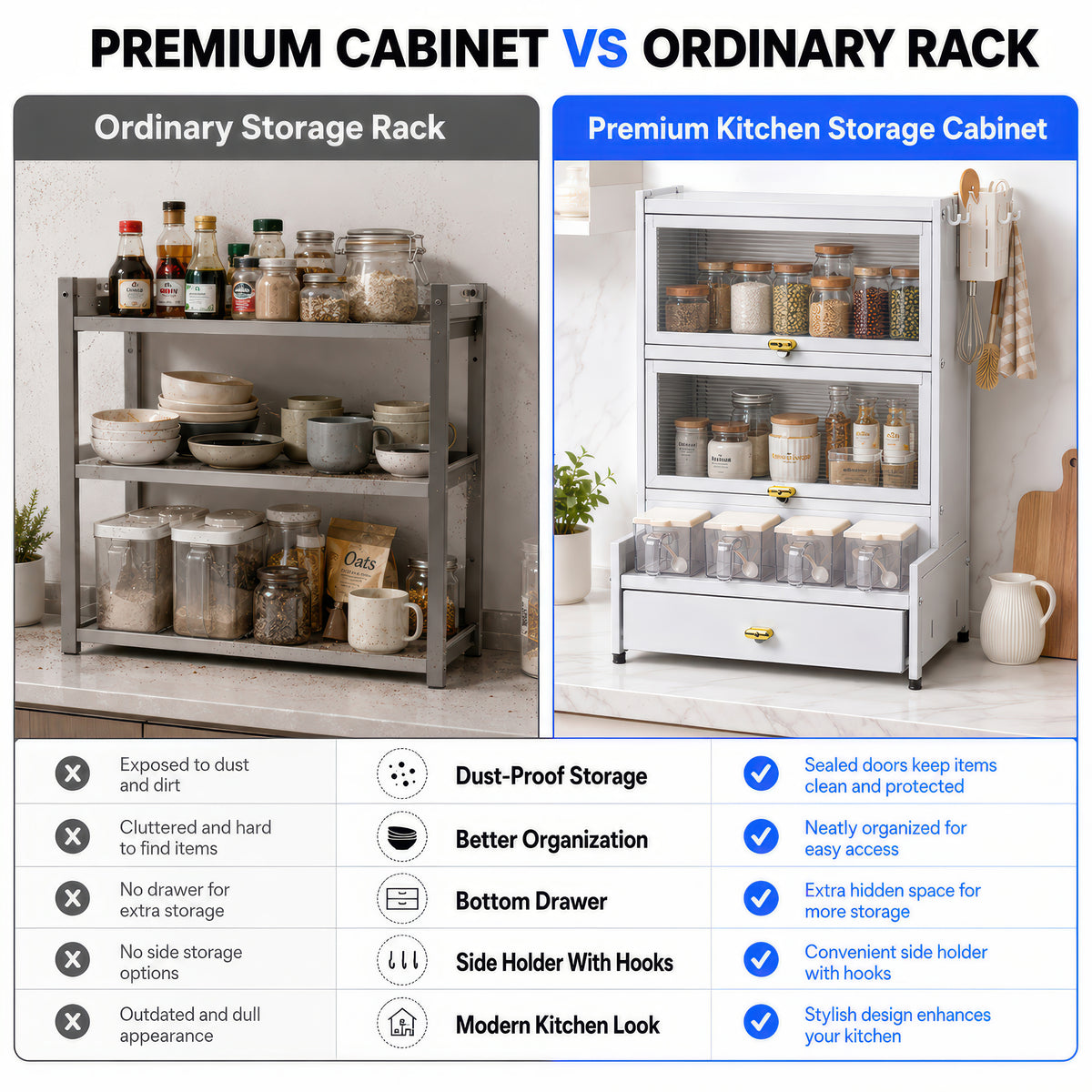 AINEXA 2-Layer Kitchen Storage Cabinet with Drawer & 4 Storage Boxes – White