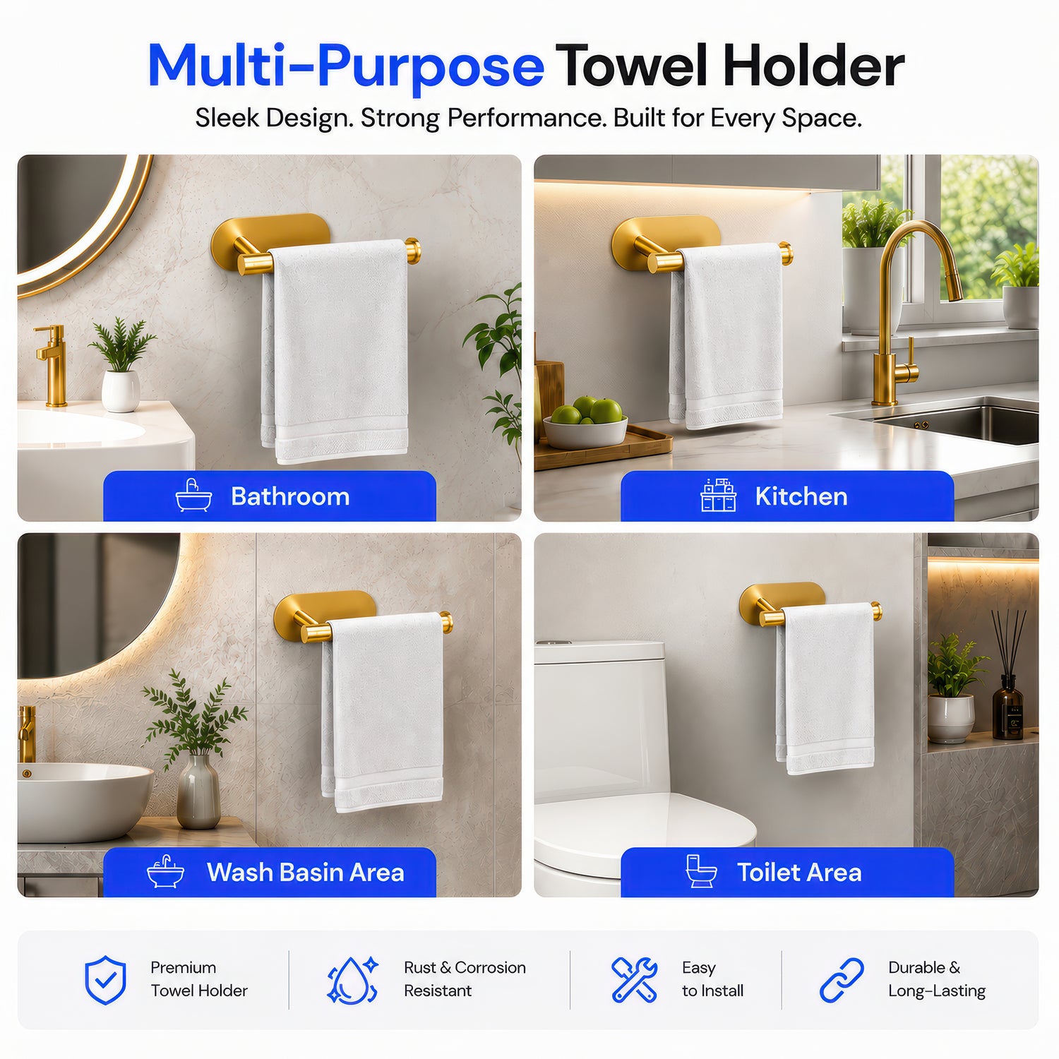 AINEXA Self-Adhesive Aluminium Hand Towel Holder – Gold