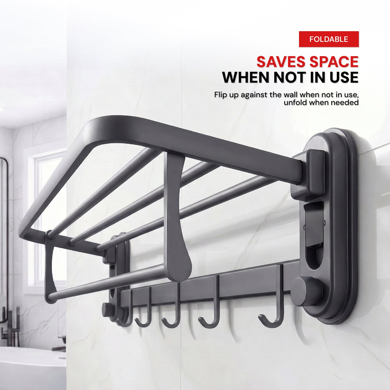 AINEXA Vacuum Suction Aluminium Towel Rack with Shelf & Hooks – Matte Grey