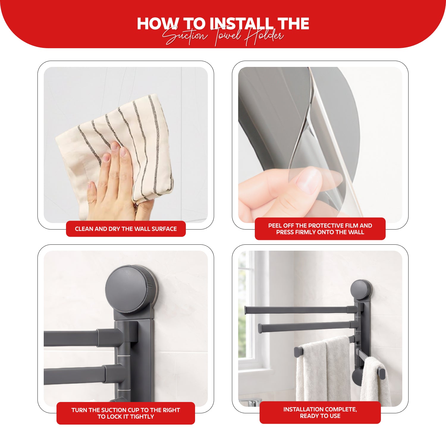 AINEXA 4-Bar Vacuum Suction Aluminium Towel Rack – Matte Grey
