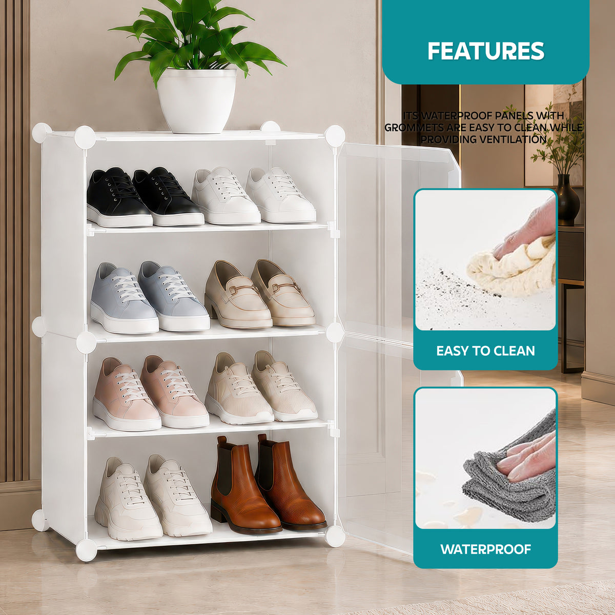 AINEXA 4-Layer Foldable Plastic Shoe Rack with Door Cover – White