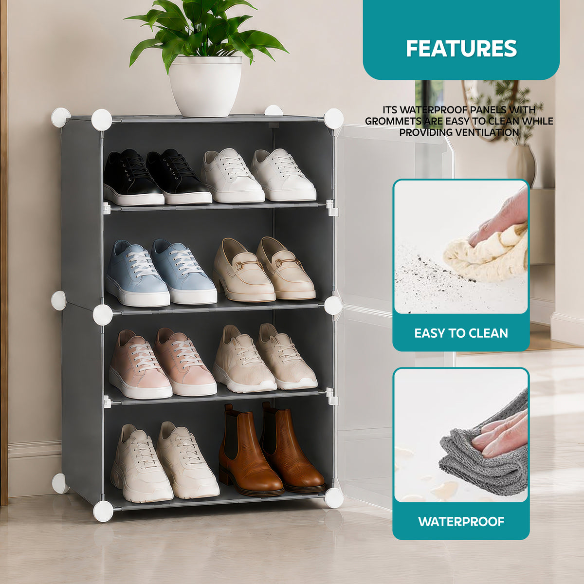 AINEXA 4-Layer Foldable Plastic Shoe Rack with Door Cover – Grey