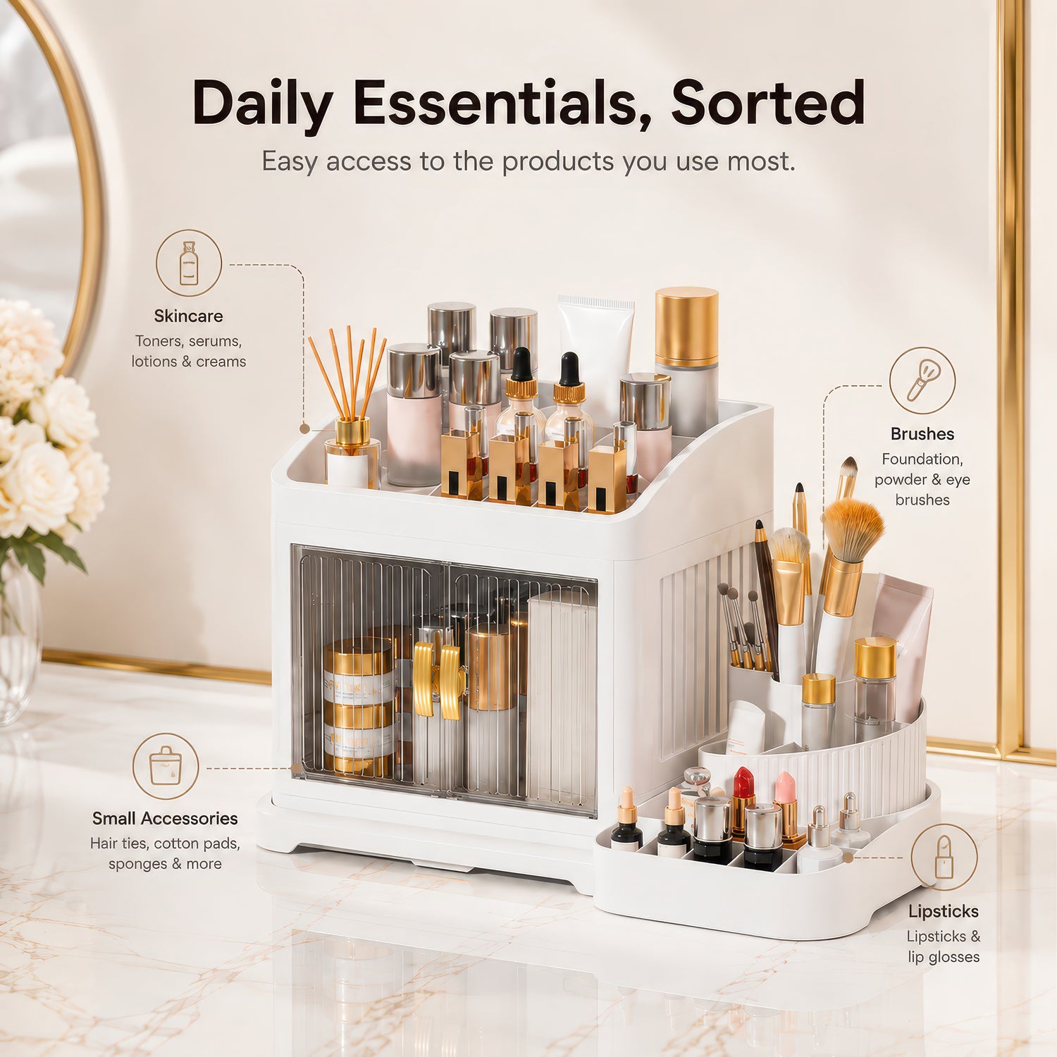 AINEXA 2-Layer 360° Rotating Makeup Organiser with Brush Holder – White