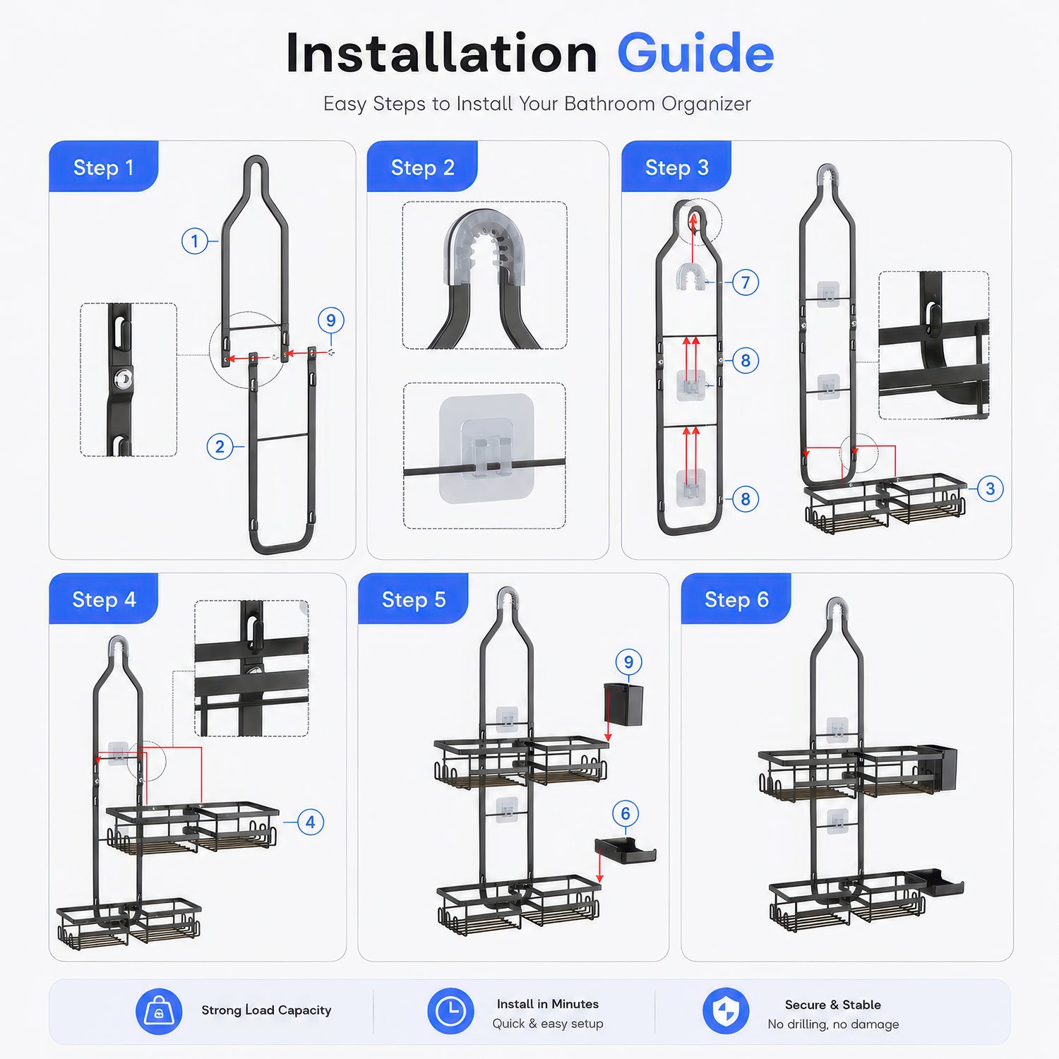 AINEXA 3-Tier Hanging Shower Caddy with Hooks – No Drill