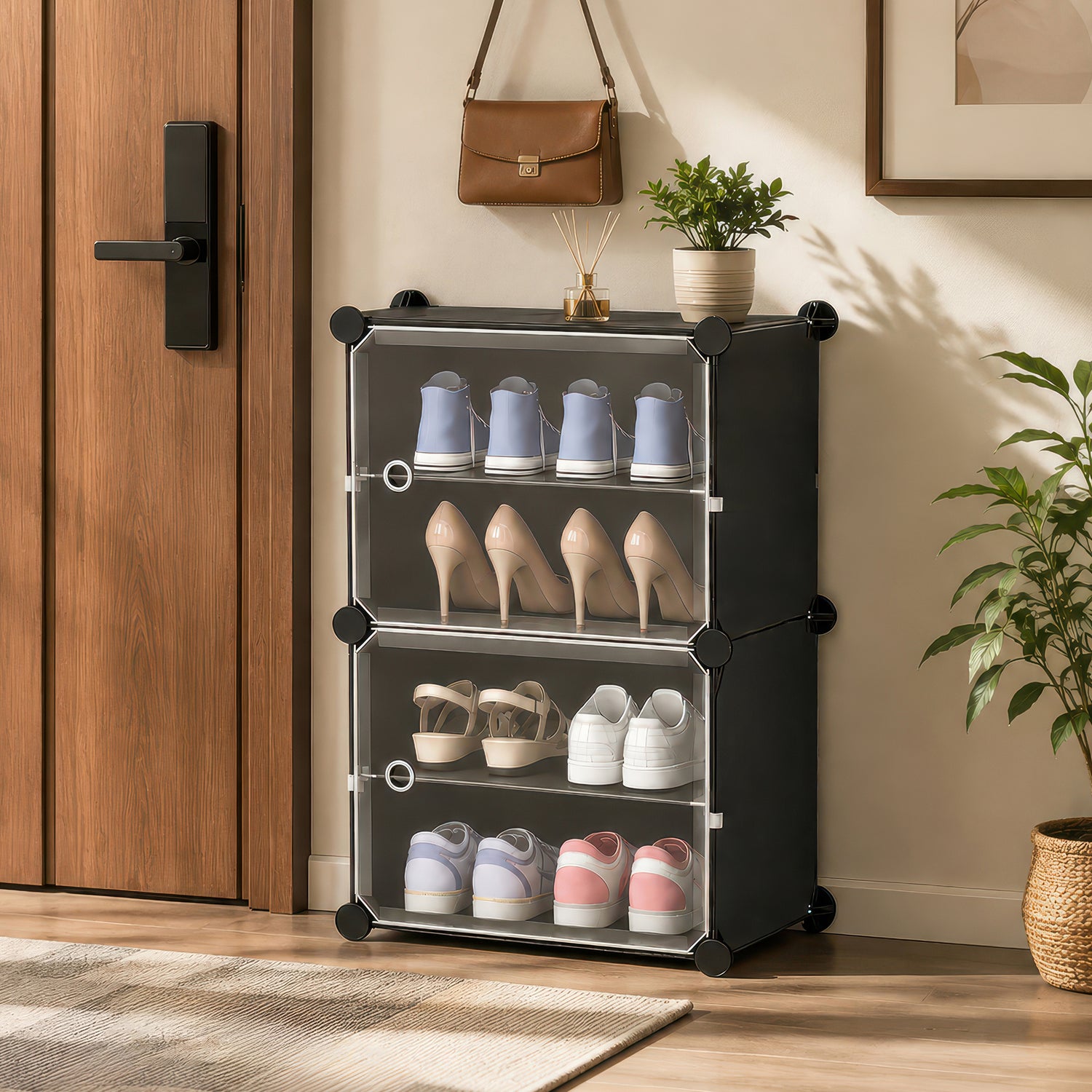 AINEXA 4-Layer Foldable Plastic Shoe Rack with Door Cover – Black